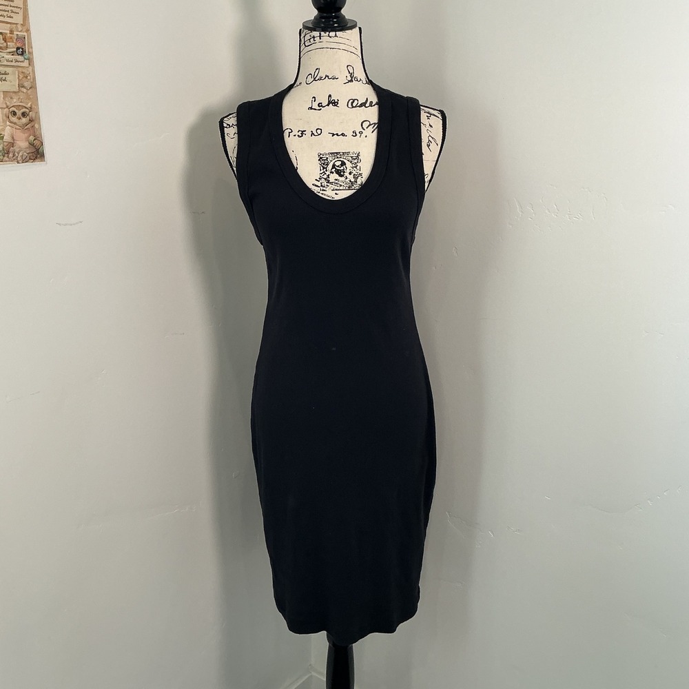 James Perse Standard Ribbed Tank Dress Black Scoop Neck Cotton Midi Size 2